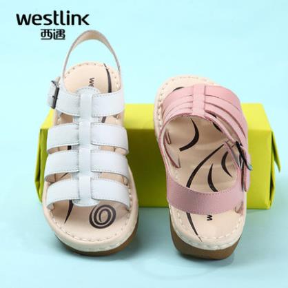 Westlink/西遇罗马凉鞋平底女鞋夏季一字式扣带舒适柔软头层牛皮